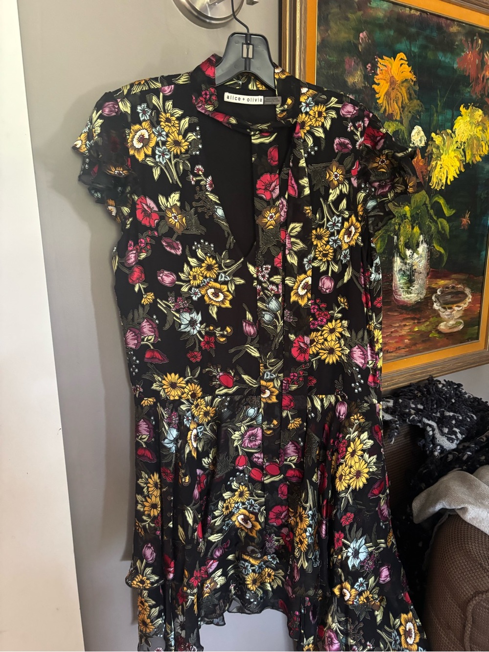 Alice + Olivia Black Floral Ruffle-Sleeve Mini Dress